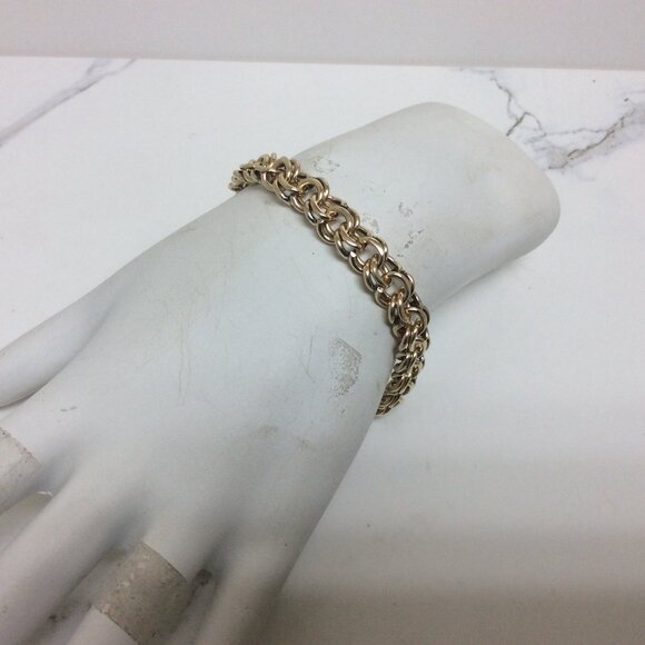 14K Yellow Real Solid Gold 8.00mm double Circle Curb Link Charm Bracelet 7 1/2'' - Picture 7 of 8